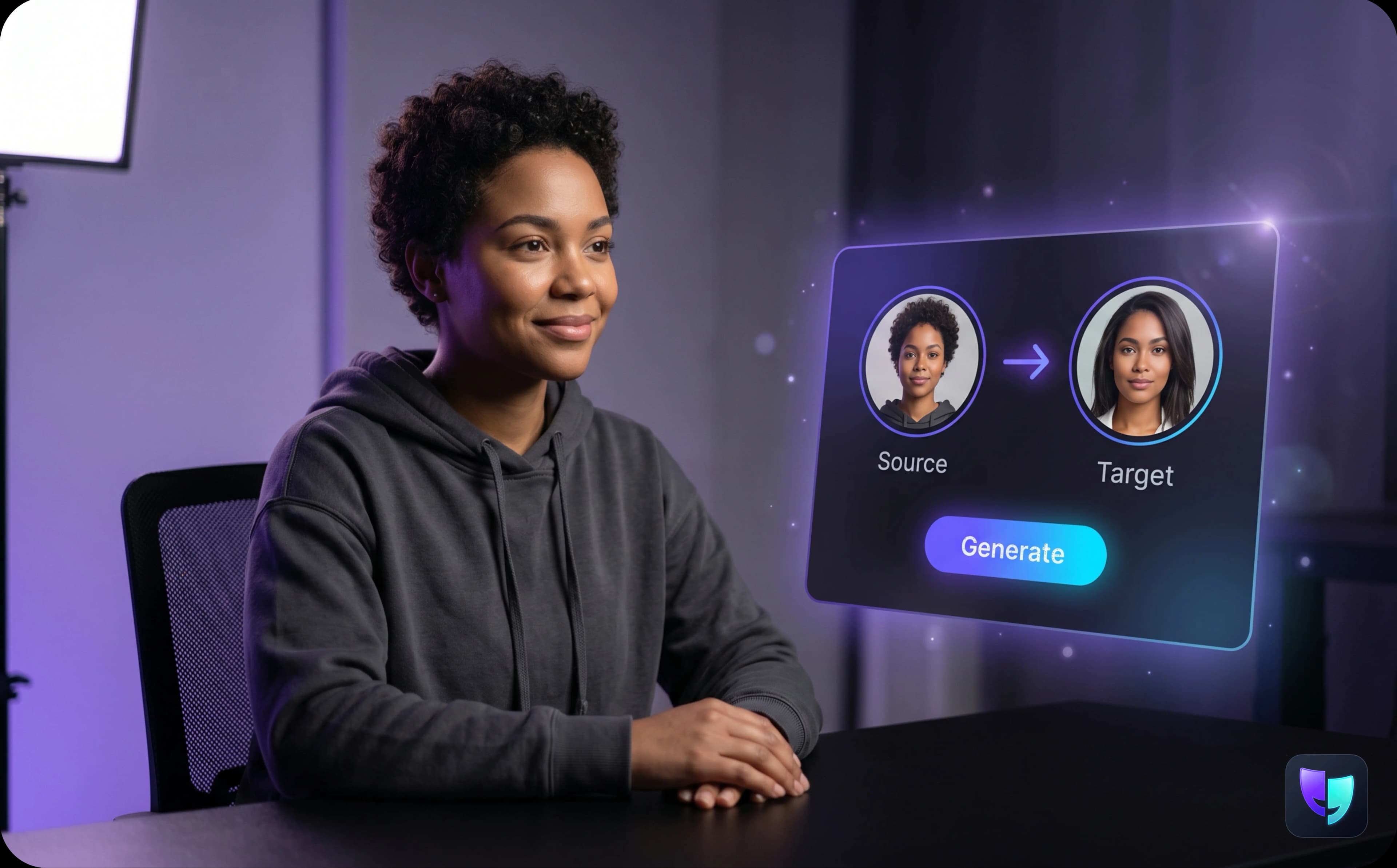 Creator at her desk reviewing an AI face-swap preview