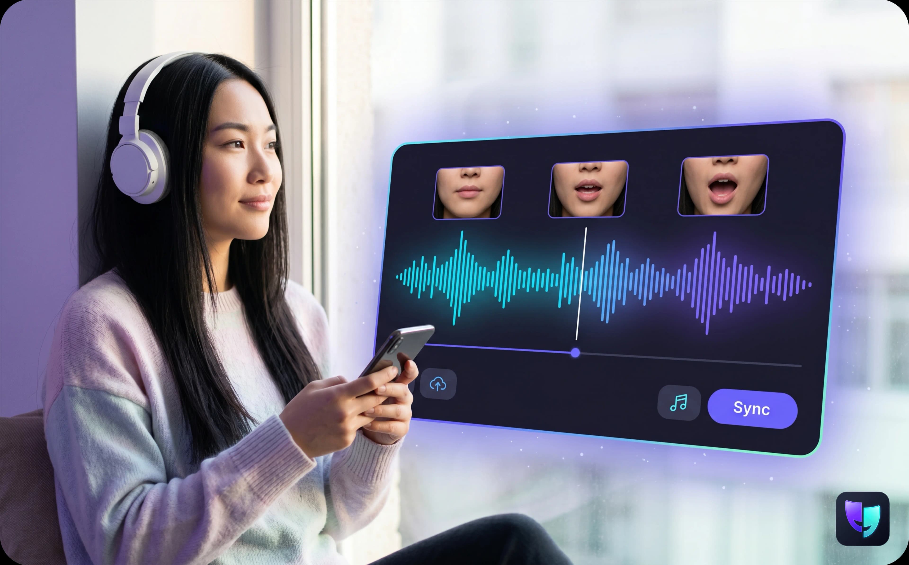 Audio editor with a waveform and lip-sync timeline