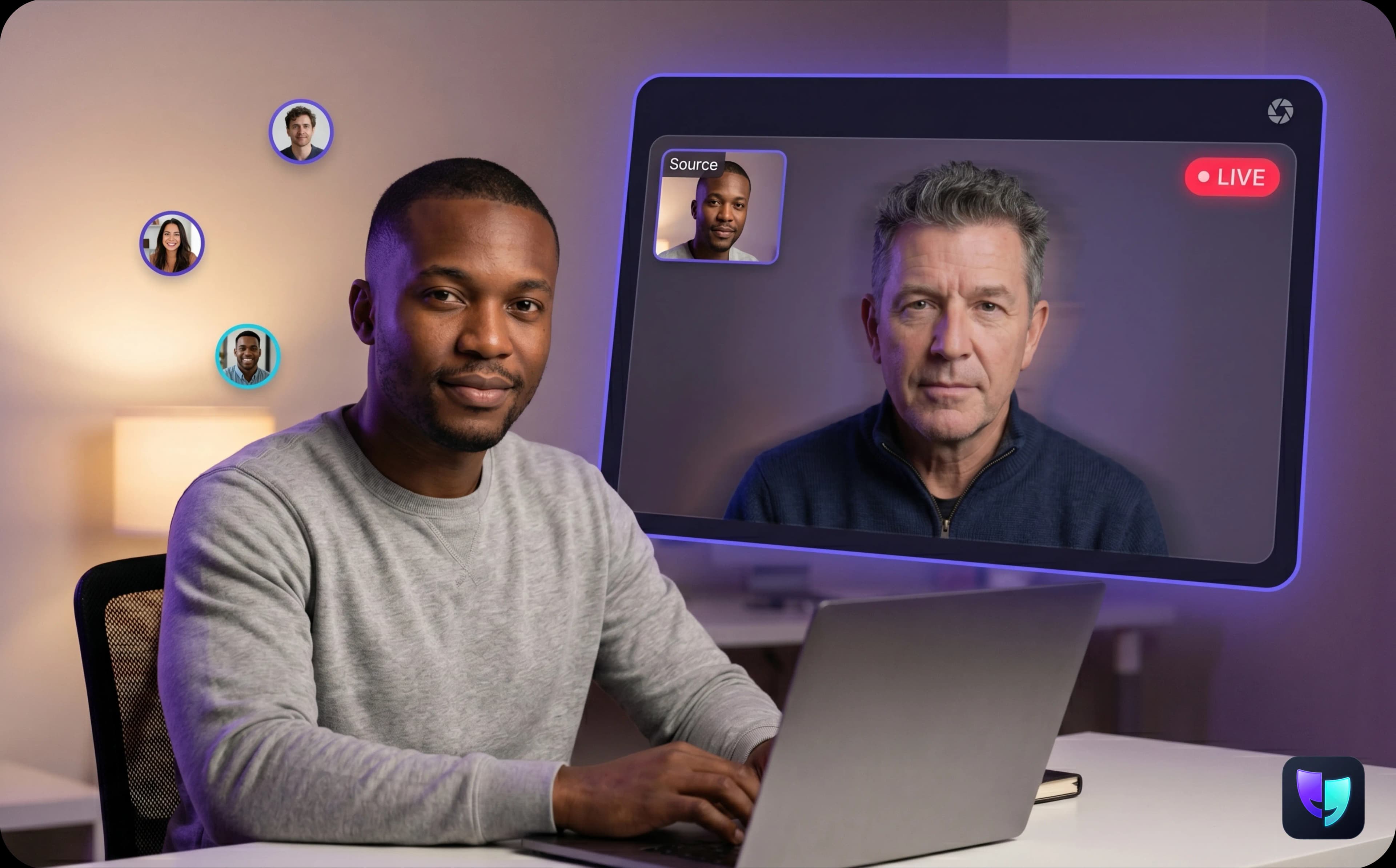 Person on a video call with a live face-swap preview