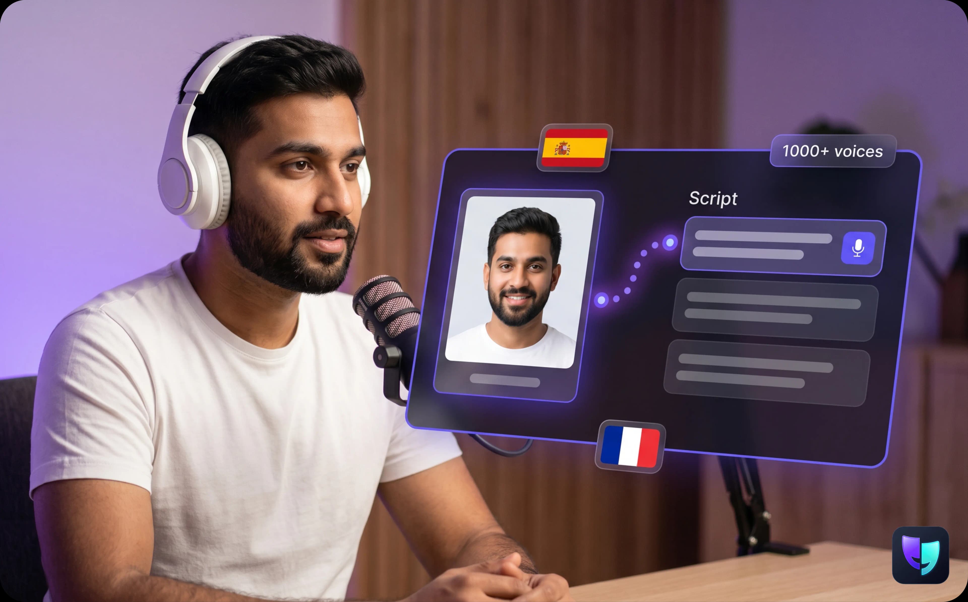 Podcast creator with a script panel and 1000+ AI voices